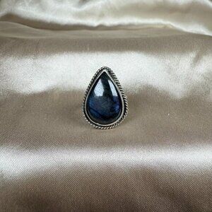 Handmade Teardrop Blue Labradorite Rope Border Silver Ring Jewelry Size 6.25